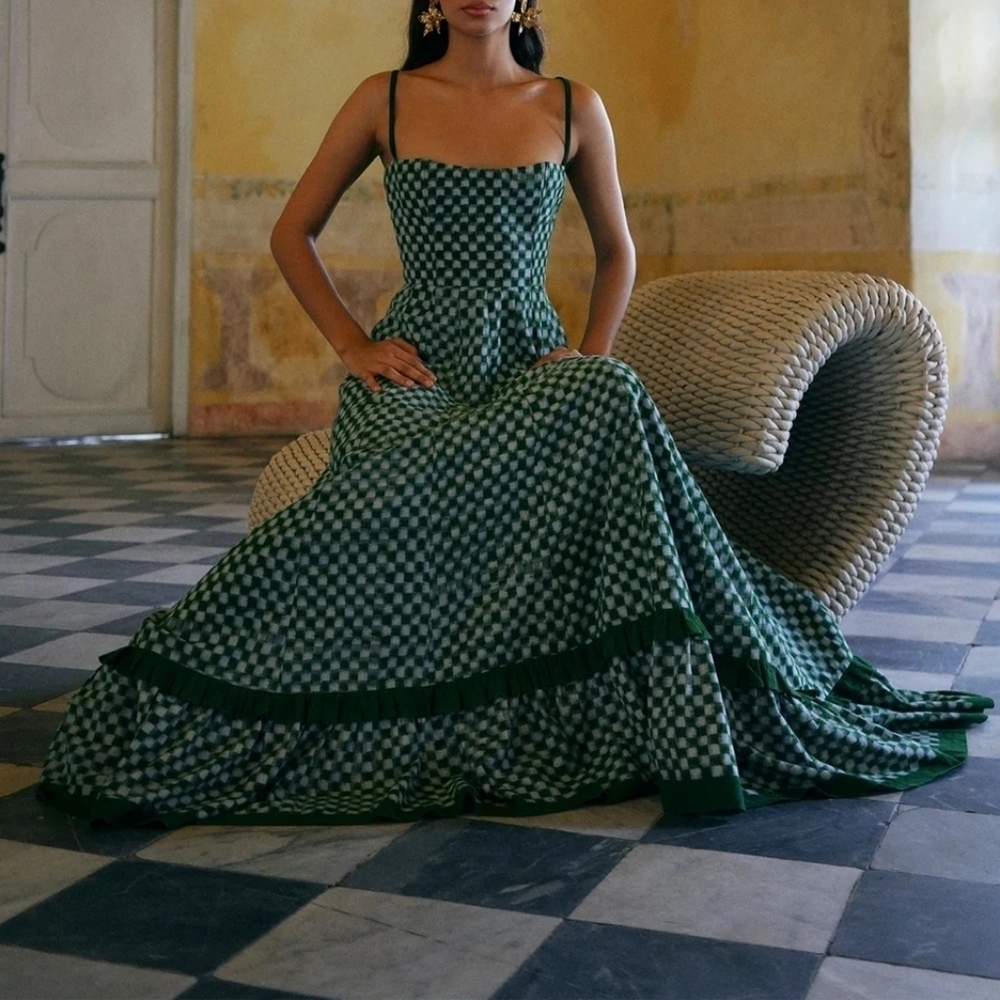 Spaghetti Straps Checkerboard Print Zip Slip Flowy Ruffled Long Maxi Dress - Picture 2 of 5